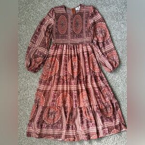 Böhme Boho Smocked Midi Dress Rust Floral Print Long Sleeve Size M
